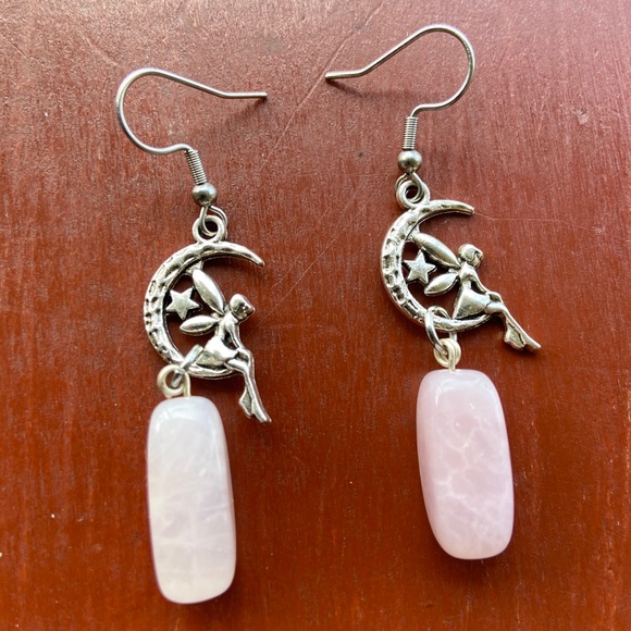 Fairy quartz earrings . Rose quartz silver moon fairy star dangly earrings - Picture 2 of 8